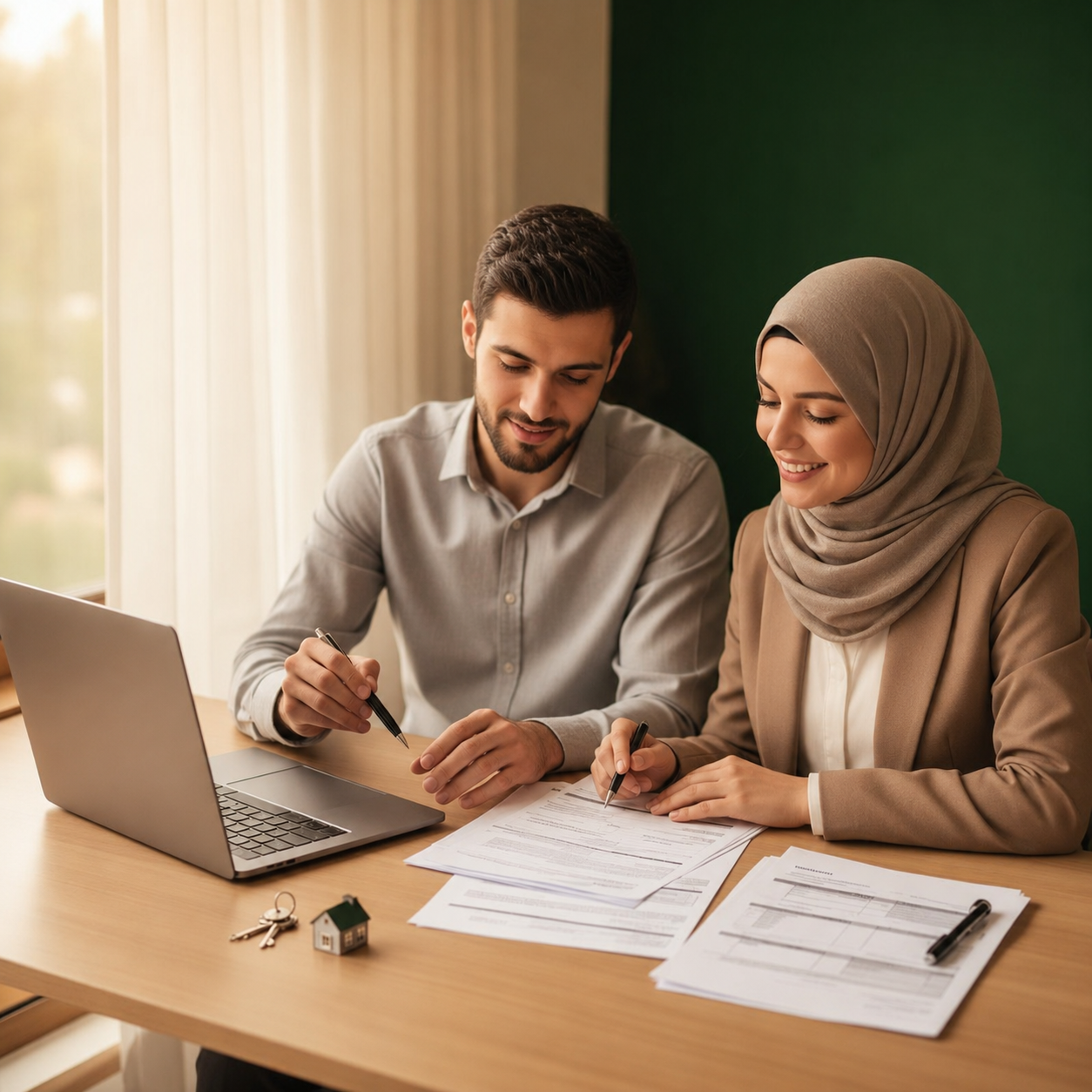 A couple reviewing mortgage documents with a Barakah advisor